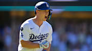 Aug 31, 2025; Los Angeles, California, USA; Los Angeles Dodgers catcher Will Smith (16) celebrates as he rounds the bases on a walk-off home run in the ninth inning against the Arizona Diamondbacks at Dodger Stadium.