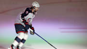 Mar 21, 2025; Pittsburgh, Pennsylvania, USA; Columbus Blue Jackets defenseman Ivan Provorov (9) takes the ice to warm up before the game against the Pittsburgh Penguins at PPG Paints Arena. Mandatory Credit: Charles LeClaire-Imagn Images