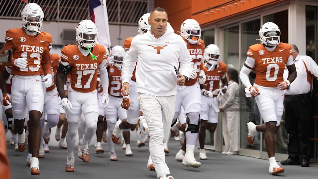 Nov 1, 2025; Austin, Texas, USA; Texas Longhorns head coach Steve Sarkisian leads his team onto the field before a game against the Vanderbilt Commodores at Darrell K Royal-Texas Memorial Stadium. Nov 1, 2025; Austin, Texas, USA; Texas Longhorns head coach Steve Sarkisian leads his team onto the field before a game against the Vanderbilt Commodores at Darrell K Royal-Texas Memorial Stadium.