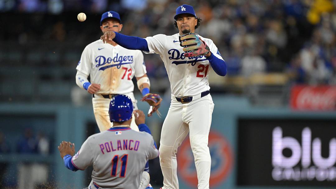 Apr 13, 2026; Los Angeles, California, USA; New York Mets second baseman Jorge Polanco (11) is out as Los Angeles Dodgers second baseman Santiago Espinal (21) throws to first for a double play in the fifth inning at Dodger Stadium. Mandatory Credit: Jayne Kamin-Oncea-Imagn Images Apr 13, 2026; Los Angeles, California, USA; New York Mets second baseman Jorge Polanco (11) is out as Los Angeles Dodgers second baseman Santiago Espinal (21) throws to first for a double play in the fifth inning at Dodger Stadium. Mandatory Credit: Jayne Kamin-Oncea-Imagn Images