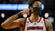 Mar 20, 2025; Lexington, KY, USA; Louisville Cardinals forward James Scott (0) reacts during the first half against the Creighton Bluejays in the first round of the NCAA Tournament at Rupp Arena. Mandatory Credit: Aaron Doster-Imagn Images