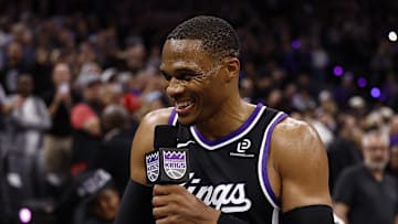 Oct 24, 2025; Sacramento, California, USA; Sacramento Kings guard Russell Westbrook (18) smiles during an interview after the game against the Utah Jazz at Golden 1 Center. Mandatory Credit: Kelley L Cox-Imagn Images