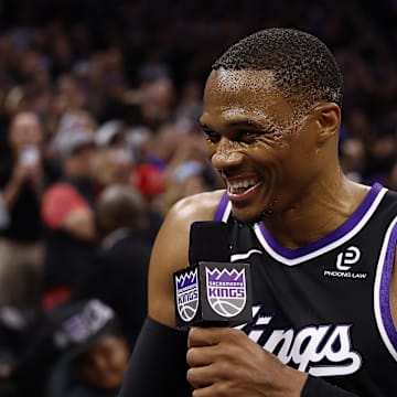 Oct 24, 2025; Sacramento, California, USA; Sacramento Kings guard Russell Westbrook (18) smiles during an interview after the game against the Utah Jazz at Golden 1 Center. Mandatory Credit: Kelley L Cox-Imagn Images