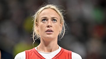 Jun 27, 2025; Dallas, Texas, USA; Indiana Fever guard Sophie Cunningham (8) during the game between the Dallas Wings and the Indiana Fever at the American Airlines Center. Mandatory Credit: Jerome Miron-Imagn Images