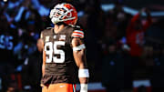 Cleveland Browns defensive end Myles Garrett (95) celebrates after sacking Pittsburgh Steelers quarterback Kenny Pickett.