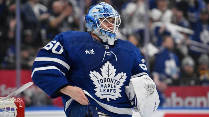 May 2, 2024; Toronto, Ontario, CAN;   Toronto Maple Leafs goalie Joseph Woll (60) adjusts his equipment during a break in play against the Boston Bruins in the second period in game six of the first round of the 2024 Stanley Cup Playoffs at Scotiabank Arena. Mandatory Credit: Dan Hamilton-USA TODAY Sports