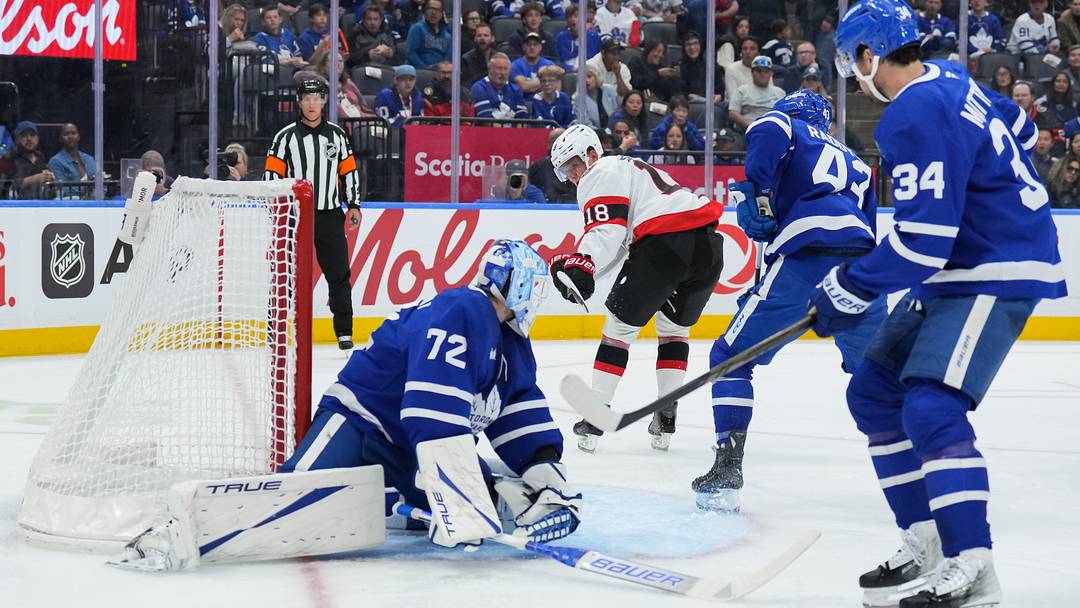 Tim Stutzle scoring the first goal of the game in the Ottawa Senators versus Toronto Maple Leafs split squad preseason game at Scotiabank Arena 