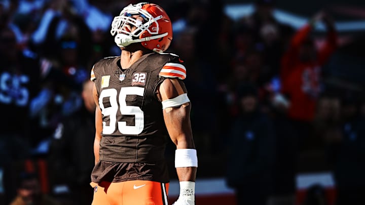 Nov 19, 2023; Cleveland, Ohio, USA; Cleveland Browns defensive end Myles Garrett (95) celebrates after sacking Pittsburgh Steelers quarterback Kenny Pickett (not pictured) during the first quarter at Cleveland Browns Stadium.