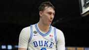 Duke Blue Devils forward Cooper Flagg reacts to a play.