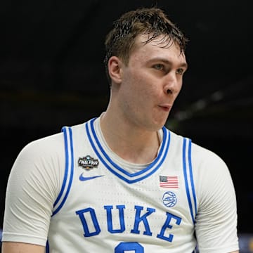 Duke Blue Devils forward Cooper Flagg reacts to a play.