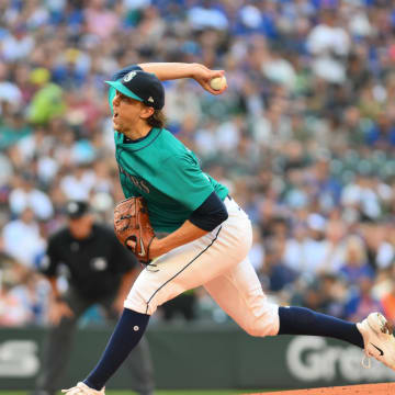 Seattle Mariners starting pitcher Logan Gilbert (36) pitches to the New York Mets during the first inning at T-Mobile Park on Aug 10.