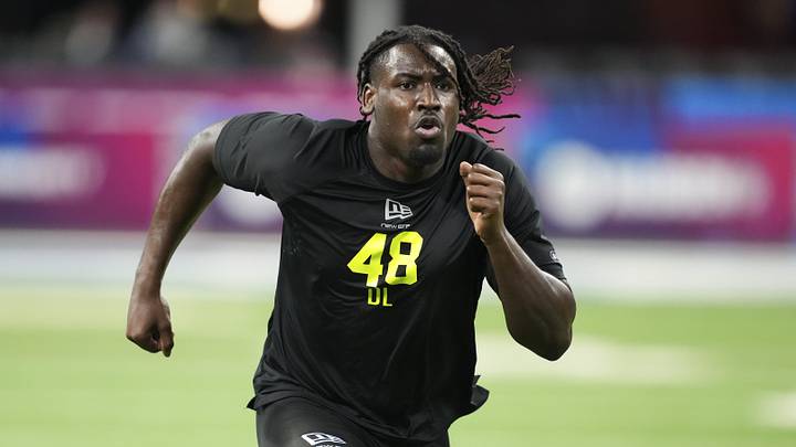 Feb 26, 2026; Indianapolis, IN, USA; UCF defensive lineman Malachi Lawrence (DL48) during the NFL Scouting Combine  at Lucas Oil Stadium. Mandatory Credit: Kirby Lee-Imagn Images