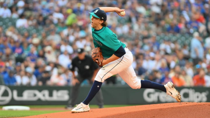 Seattle Mariners starting pitcher Logan Gilbert pitches against the New York Mets on Aug. 10 at T-Mobile Park.