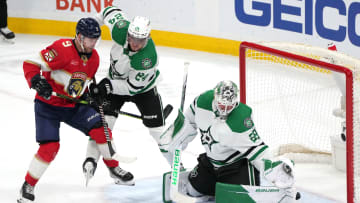 Dec 6, 2023; Sunrise, Florida, USA; Dallas Stars goaltender Jake Oettinger (29) makes a save as
