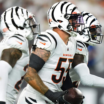 Cincinnati Bengals linebacker Logan Wilson celebrates an interception against the Los Angeles Rams.