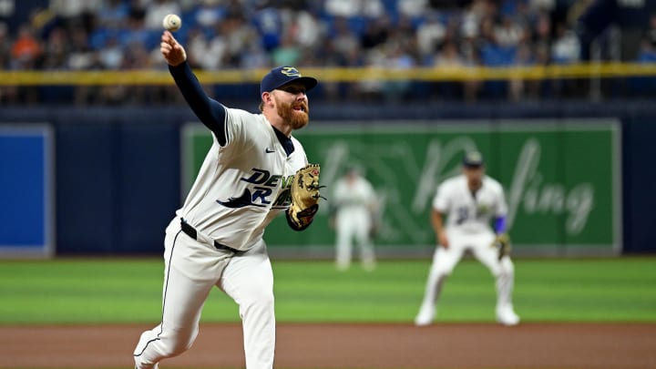 Aug 9, 2024; St. Petersburg, Florida, USA; Tampa Bay Rays starting pitcher Zack Littell (52) throws a pitch in the first inning against the Baltimore Orioles at Tropicana Field.