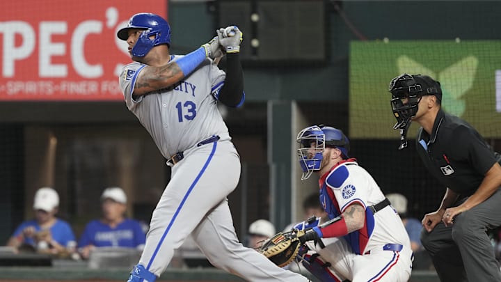 Kansas City Royals catcher Salvador Perez (13) follows through on his RBI double against the Texas Rangers during the fourth inning at Globe Life Field on June 17. Kansas City Royals catcher Salvador Perez (13) follows through on his RBI double against the Texas Rangers during the fourth inning at Globe Life Field on June 17.