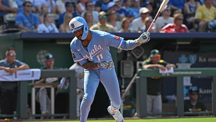 Jun 14, 2025; Kansas City, Missouri, USA;  Kansas City Royals third baseman Maikel Garcia (11) throws his bat to the ground after flying out for the final out in the fifth inning against the Athletics at Kauffman Stadium. Mandatory Credit: Peter Aiken-Imagn Images