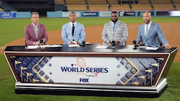 Fox Sports broadcasters Kevin Burkhardt and Alex Rodriguez and David Ortiz and Derek Jeter on field after the game two between the Los Angeles Dodgers and the New York Yankees of the 2024 MLB World Series at Dodger Stadium on Oct. 26, 2024.