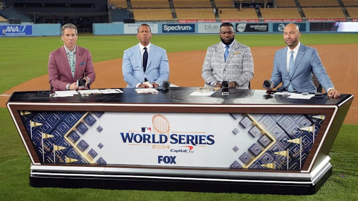 Fox Sports broadcasters Kevin Burkhardt and Alex Rodriguez and David Ortiz and Derek Jeter on field after the game two between the Los Angeles Dodgers and the New York Yankees of the 2024 MLB World Series at Dodger Stadium on Oct. 26, 2024. Fox Sports broadcasters Kevin Burkhardt and Alex Rodriguez and David Ortiz and Derek Jeter on field after the game two between the Los Angeles Dodgers and the New York Yankees of the 2024 MLB World Series at Dodger Stadium on Oct. 26, 2024.