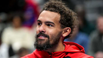 Trae Young #11 of the Atlanta Hawks looks on before facing the Detroit Pistons.