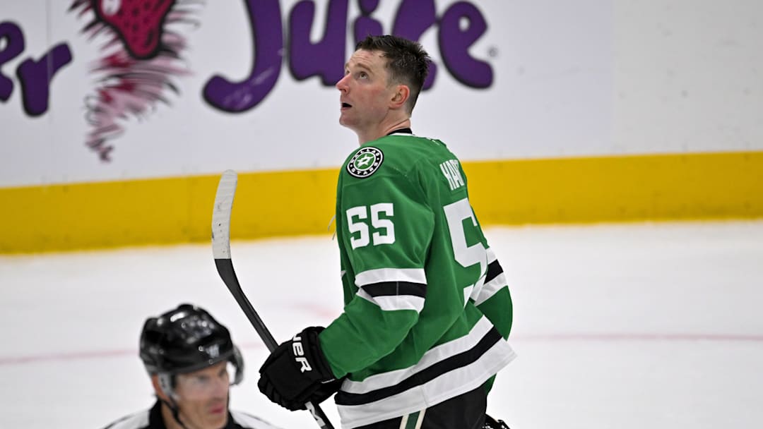 Apr 2, 2026; Dallas, Texas, USA; Dallas Stars defenseman Thomas Harley (55) checks the replay screen as he skates off the ice during the third period against the Winnipeg Jets at the American Airlines Center. Mandatory Credit: Jerome Miron-Imagn Images