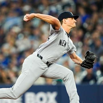 Jun 29, 2024; Toronto, Ontario, CAN; New York Yankees pitcher Phil Bickford (53) pitches to the Toronto Blue Jays at Rogers Centre. Mandatory Credit: Kevin Sousa-Imagn Images