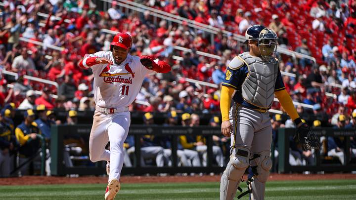 May 6, 2026; St. Louis, Missouri, USA; St. Louis Cardinals center fielder Victor Scott II (11) scores against the Milwaukee Brewers during the eighth inning at Busch Stadium. Mandatory Credit: Jeff Curry-Imagn Images