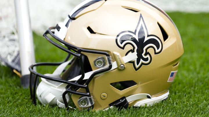 Sep 24, 2023; Green Bay, Wisconsin, USA;  An New Orleans Saints helmet during warmups prior to the game against the Green Bay Packers at Lambeau Field. Mandatory Credit: Jeff Hanisch-USA TODAY Sports