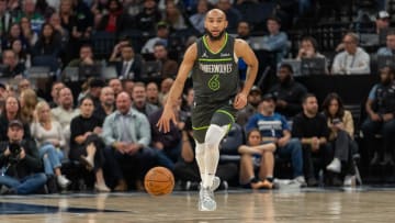 Apr 2, 2024; Minneapolis, Minnesota, USA; Minnesota Timberwolves guard Jordan McLaughlin (6) in action against the Houston Rockets in the second quarter at Target Center. Mandatory Credit: Matt Blewett-USA TODAY Sports