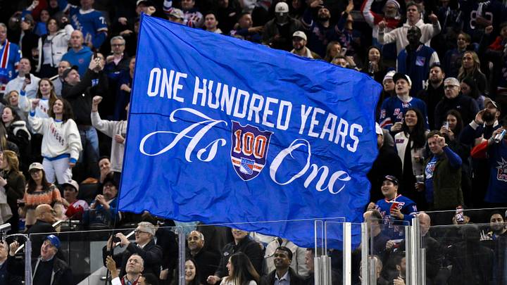 Nov 16, 2025; New York, New York, USA; General view of a flag being waved by New York Rangers staff during the second period against the Detroit Red Wings at Madison Square Garden. Nov 16, 2025; New York, New York, USA; General view of a flag being waved by New York Rangers staff during the second period against the Detroit Red Wings at Madison Square Garden.