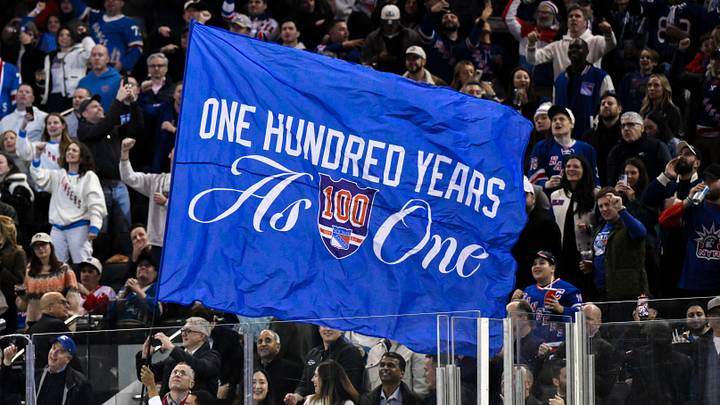 Nov 16, 2025; New York, New York, USA; General view of a flag being waved by New York Rangers staff during the second period against the Detroit Red Wings at Madison Square Garden. 