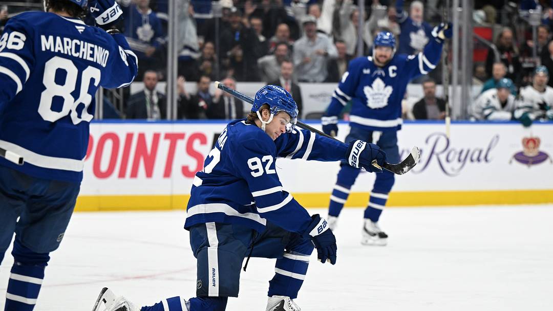 Oct 19, 2026; Toronto, Ontario, CAN;  Toronto Maple Leafs forward Gavin McKenna (92) celebrates after scoring a goal against the San Jose Sharks in the third period at Scotiabank Arena.  Mandatory Credit: Dan Hamilton-Imagn Images
