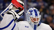 Dec 20, 2024; Buffalo, New York, USA;  Toronto Maple Leafs goaltender Matt Murray (30) sprays himself with water during a stoppage in play against the Buffalo Sabres at KeyBank Center. Mandatory Credit: Timothy T. Ludwig-Imagn Images