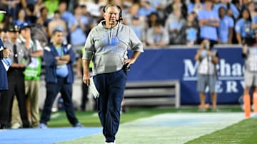 Sep 1, 2025; Chapel Hill, North Carolina, USA; North Carolina Tar Heels head coach Bill Belichick on the sidelines in the first quarter at Kenan Stadium. Mandatory Credit: Bob Donnan-Imagn Images