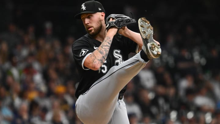 Jun 1, 2024; Milwaukee, Wisconsin, USA; Chicago White Sox starting pitcher Garrett Crochet (45) throws against the Milwaukee Brewers in the first inning at American Family Field. Mandatory Credit: Benny Sieu-USA TODAY Sports