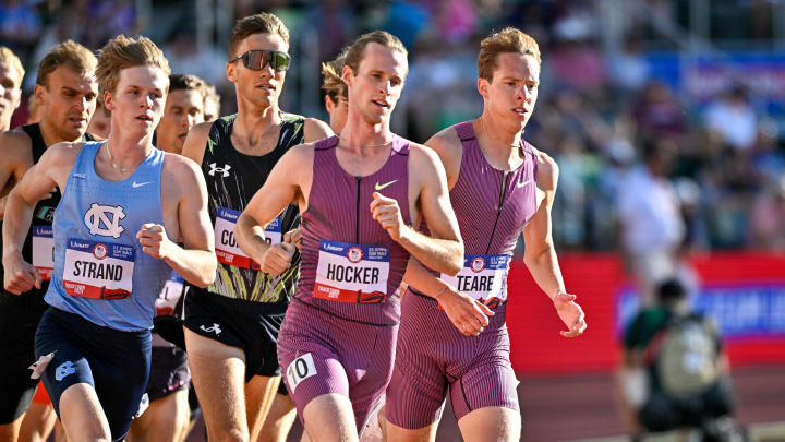 Jun 22, 2024; Eugene, OR, USA; Former Oregon runner Cole Hocker takes the lead in semifinal heat one of the 1500m during the US Olympic Track and Field Team Trials.