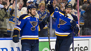Apr 3, 2025; St. Louis, Missouri, USA;  St. Louis Blues center Robert Thomas (18) celebrates with left wing Pavel Buchnevich (89) after scoring the game winning goal against the Pittsburgh Penguins during overtime at Enterprise Center. Mandatory Credit: Jeff Curry-Imagn Images