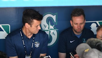 Seattle Mariners president of baseball operations Jerry Dipoto and general manager Justin Hollander talk to the media in 2023.