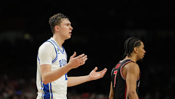 Apr 5, 2025; San Antonio, TX, USA; Duke Blue Devils forward Cooper Flagg (2) reacts after a call following a play against the Houston Cougars during the second half in the semifinals of the men's Final Four of the 2025 NCAA Tournament at the Alamodome.