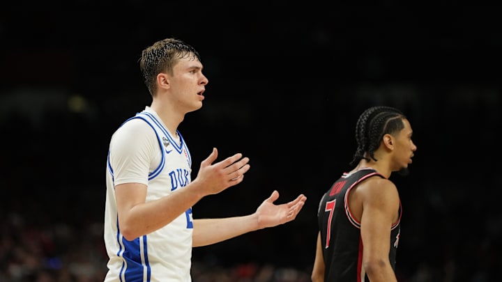Apr 5, 2025; San Antonio, TX, USA; Duke Blue Devils forward Cooper Flagg (2) reacts after a call following a play against the Houston Cougars during the second half in the semifinals of the men's Final Four of the 2025 NCAA Tournament at the Alamodome.