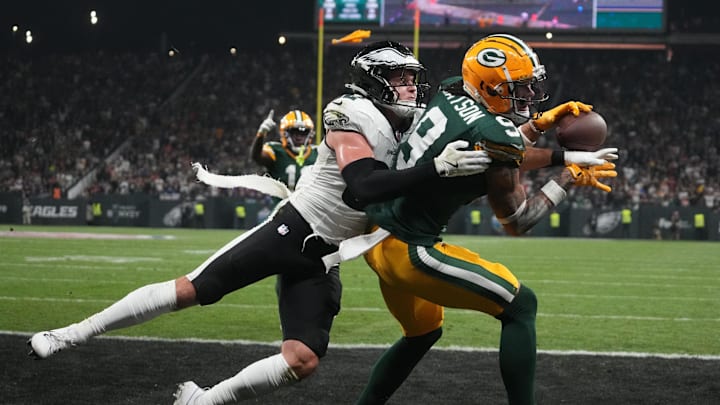 Sep 6, 2024; Sao Paulo, BRA; Philadelphia Eagles safety Reed Blankenship (32) breaks up a pass for Green Bay Packers wide receiver Christian Watson (9) during the second half at Neo Quimica Arena. 