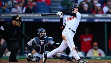 Oct 17, 2024; Cleveland, Ohio, USA; Cleveland Guardians first baseman Kyle Manzardo (9) hits a two-run home run during the third inning against the New York Yankees in game 3 of the American League Championship Series at Progressive Field. Mandatory Credit: David Dermer-Imagn Images