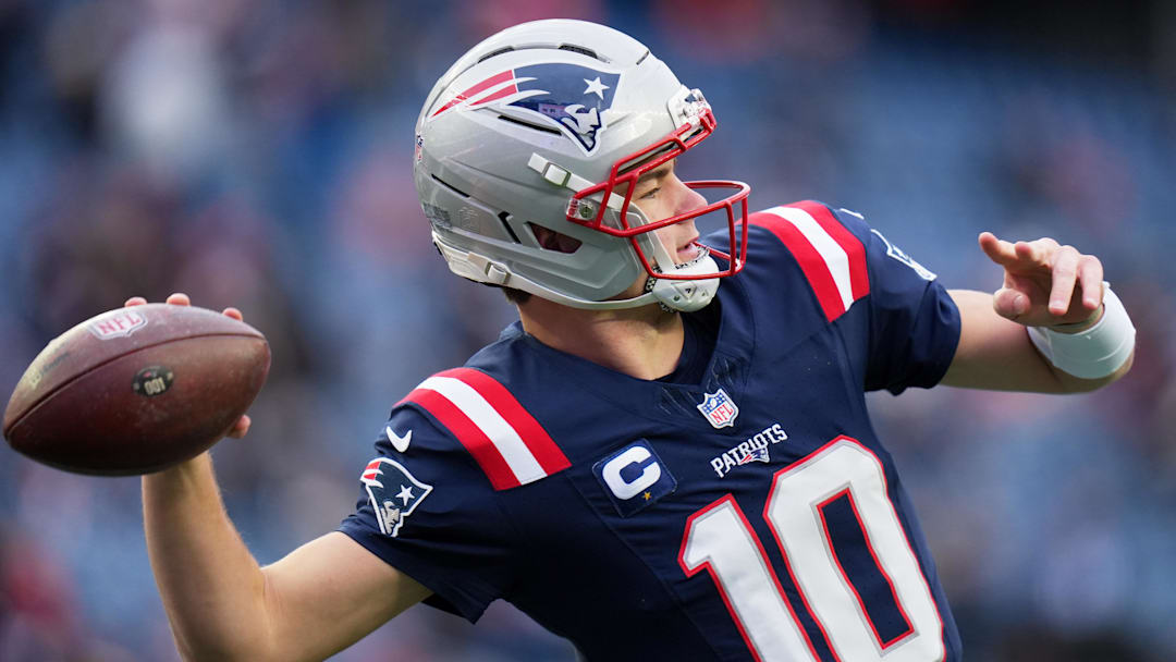 Jan 4, 2026; Foxborough, Massachusetts, USA; New England Patriots quarterback Drake Maye (10) throws a pass before the game against the Miami Dolphins at Gillette Stadium. Mandatory Credit: David Butler II-Imagn Images