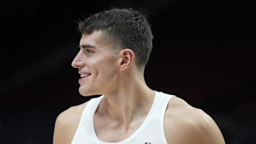 Nov 13, 2024; Portland, Oregon, USA; Minnesota Timberwolves center Luka Garza (55) looks on during warm ups before the game against the Portland Trail Blazers at Moda Center. Mandatory Credit: Soobum Im-Imagn Images