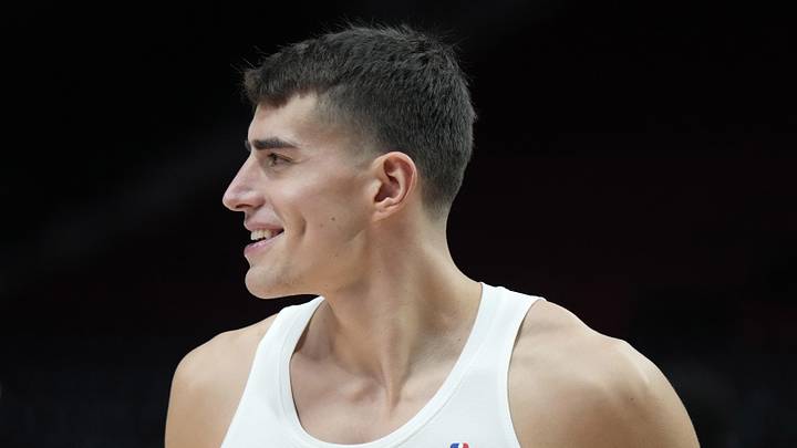 Nov 13, 2024; Portland, Oregon, USA; Minnesota Timberwolves center Luka Garza (55) looks on during warm ups before the game against the Portland Trail Blazers at Moda Center. Mandatory Credit: Soobum Im-Imagn Images