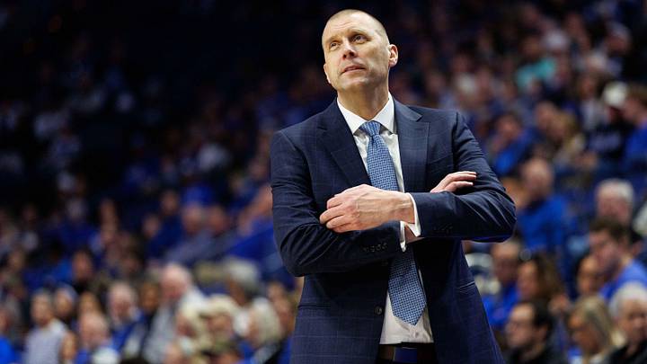 Dec 31, 2024; Lexington, Kentucky, USA; Kentucky Wildcats head coach Mark Pope looks on during the second half against the Brown Bears at Rupp Arena at Central Bank Center. Mandatory Credit: Jordan Prather-Imagn Images