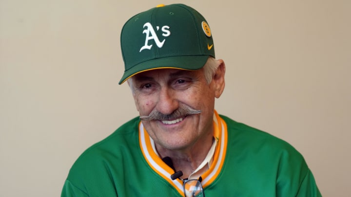 Apr 16, 2023; Oakland, California, USA; Oakland Athletics former pitcher Rollie Fingers talks to media members before the game against the New York Mets at RingCentral Coliseum. Mandatory Credit: Darren Yamashita-USA TODAY Sports