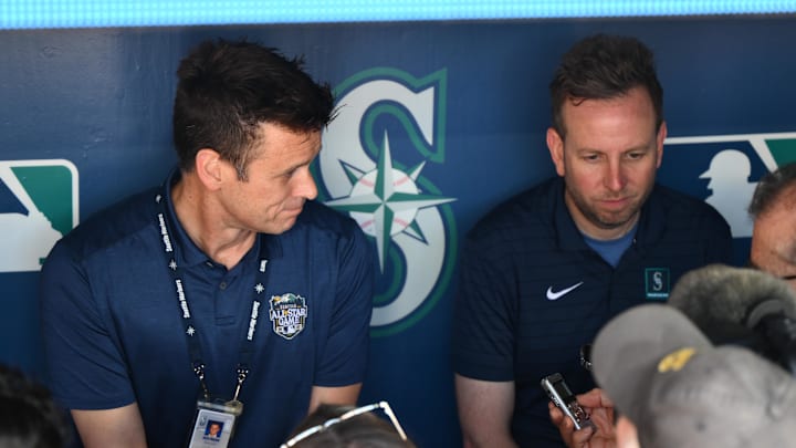 Aug 1, 2023; Seattle, Washington, USA; Seattle Mariners president of baseball operations Jerry Dipoto and general manager Justin Hollander talk to the media prior to the game against the Boston Red Sox at T-Mobile Park. Mandatory Credit: Steven Bisig-Imagn Images