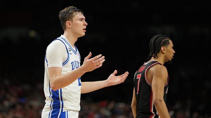 Apr 5, 2025; San Antonio, TX, USA; Duke Blue Devils forward Cooper Flagg (2) reacts after a call following a play against the Houston Cougars during the second half in the semifinals of the men's Final Four of the 2025 NCAA Tournament at the Alamodome. Mandatory Credit: Bob Donnan-Imagn Images